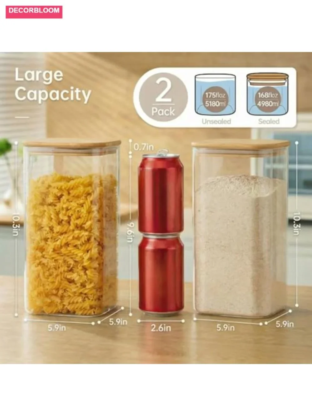 Large Glass Storage Containers 168oz 2 Pack with Bamboo Lids Airtight